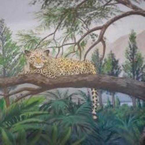 a painting of a leopard sitting on a tree branch at Shangrila-innibos Country Lodge in Hartbeespoort