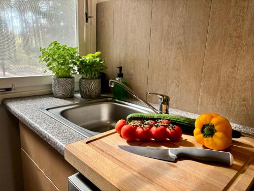 un bancone della cucina con verdure su un tagliere accanto a un lavandino di Bungalow-Jessern Ferienhaus im Grünen mit Seeblick a Jessern