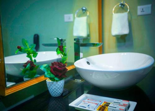 Hotel Bob's N Barley في دارامشالا: حمام مع حوض ومرآة