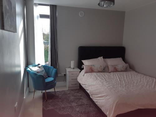um quarto com uma cama e uma cadeira azul e uma janela em Haven Apartment em Cork