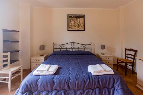 a bedroom with a blue bed with two towels at Pie' d'Ulivo in Bosco