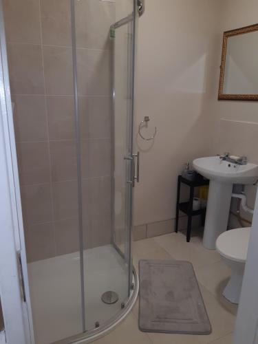La salle de bains est pourvue d'une douche et d'un lavabo. dans l'établissement Haven Apartment, à Cork