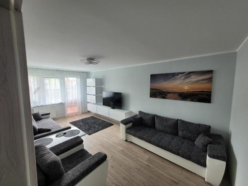 een woonkamer met een bank en een televisie bij Przystanek Hel in Hel