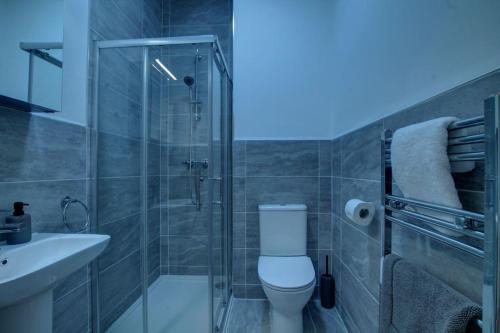 a bathroom with a toilet and a shower and a sink at Excellent one bedroom apartment Dundee in Dundee