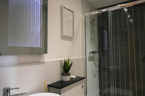 ein Bad mit einer Dusche, einem Waschbecken und einem WC in der Unterkunft Corbiere House @ Short Stays in Basingstoke
