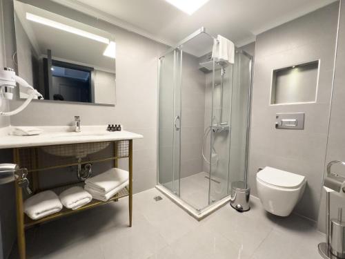 a bathroom with a shower and a sink and a toilet at The Yalı Konak Hotel İzmir in İzmir