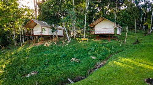 two cottages on a hill with grass and trees at Glamping, Experiencia de Lujo en la Selva in Moyobamba