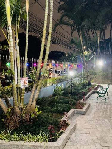 um parque com um banco e palmeiras à noite em Ao lado do Transamerica Expo Center em São Paulo