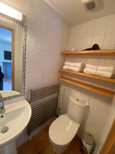 een badkamer met een wit toilet en een wastafel bij Star of the Sea Beach Golf Getaway Apt 1 in Downings
