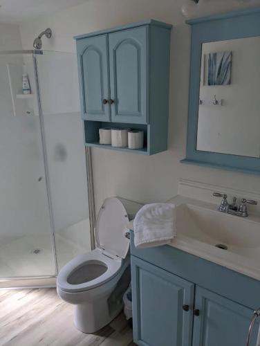 a bathroom with a toilet and a sink and a shower at Hot Tub Beach Retreat in Grand Bend in Grand Bend