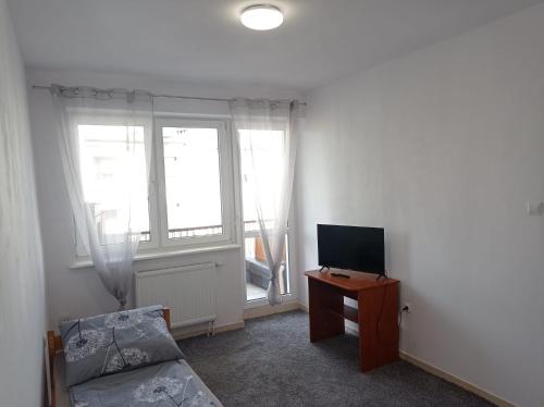 een woonkamer met een bank, een tv en een raam bij Gdańsk tanie noclegi nr 4 1-2 osobowy z łazienką na korytarzu in Gdańsk