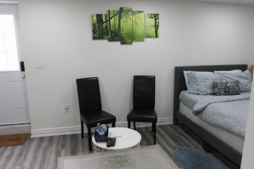 uma sala de estar com duas cadeiras e um sofá em Comfy basement near KW airport em Kitchener