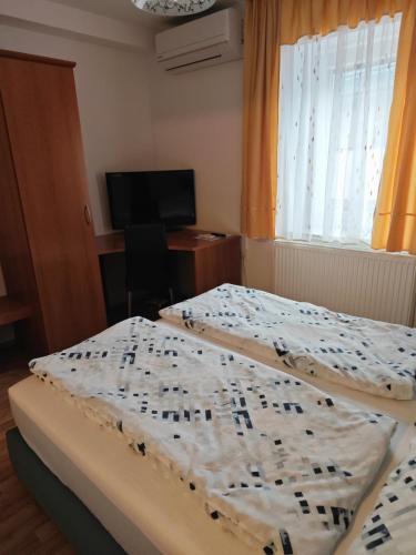 a bedroom with a bed and a desk and a television at Apartmaji Pri Kokolu in Bled