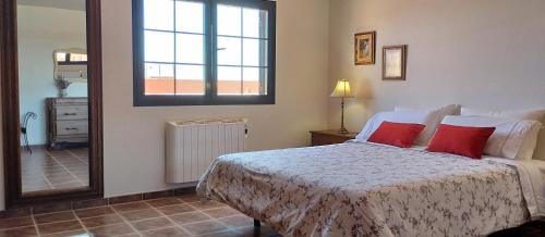 羅薩里奧港的住宿－AKASHA，一间卧室配有一张带红色枕头和镜子的床