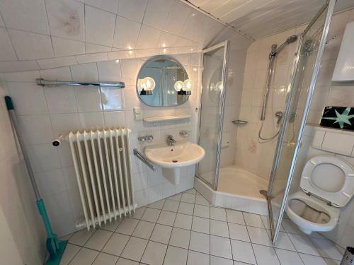 a bathroom with a shower and a sink and a toilet at Guest room - Monteurzimmer im Kestert (56348) in Kestert