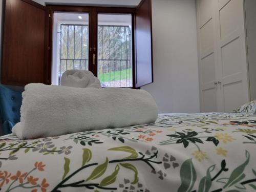 ein Schlafzimmer mit einem Bett mit Kissen und einem Fenster in der Unterkunft Cathedral and Castle in Burgos