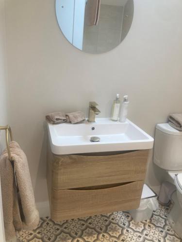 a bathroom with a white sink and a mirror at Luxury Country Escape in Ennis