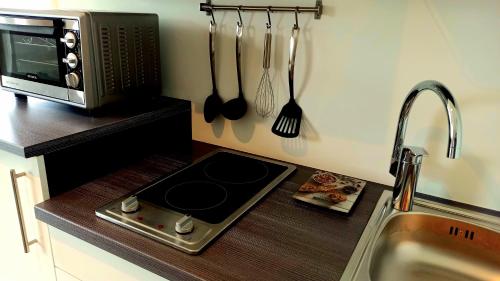 a kitchen counter with a stove and a microwave at Hotel Garni Grüner Baum (Albero Verde) in Laives