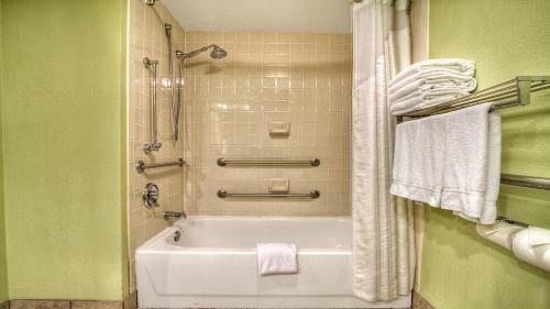 a bathroom with a tub and a shower with towels at Holiday Inn Express Greenville, an IHG Hotel in Greenville