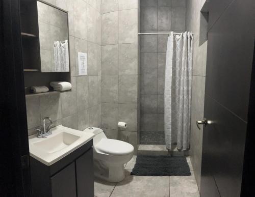a bathroom with a toilet and a sink and a shower at Departamento moderno cómodo y céntrico in Piedras Negras