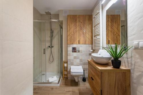 uma casa de banho com um lavatório, um chuveiro e um WC. em Apartament B28 Green Resort dwupoziomowy z Basenem, Sauną, Jacuzzi - 5D Apartments em Szklarska Poręba