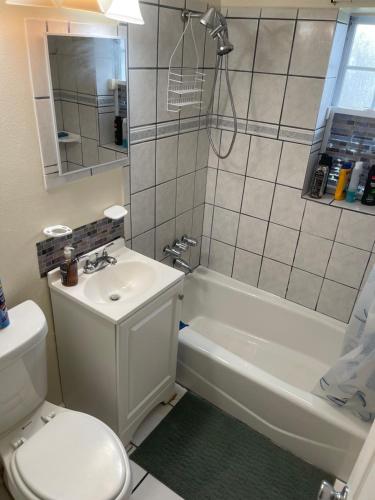 皮爾斯堡的住宿－Private Queen Bedroom C shared common spaces，一间带水槽、卫生间和淋浴的浴室