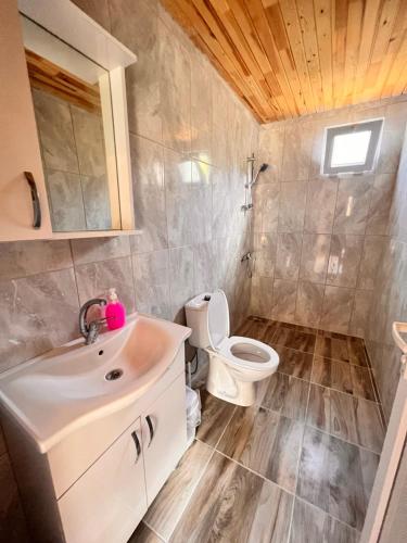La salle de bains est pourvue d'un lavabo blanc et de toilettes. dans l'établissement Adrasan Parlak Apart, à Adrasan