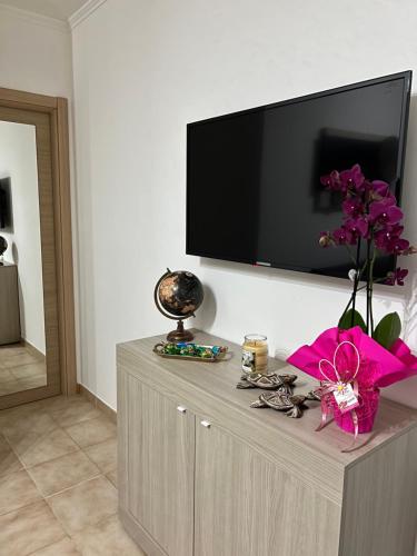 een tv op een kast met bloemen erop bij a casa di Lalla in Borgo Podgora