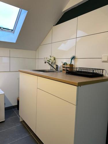 a kitchen with a sink and a skylight at Modernes Loft am Dreiländereck in Alsdorf