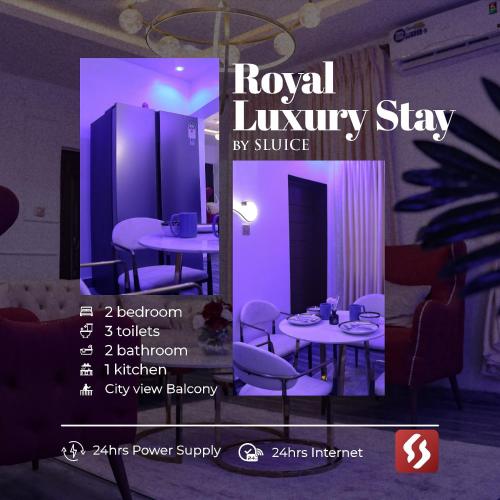 a sign for a restaurant with tables and chairs at Royal Luxury Stay by Sluice in Lagos