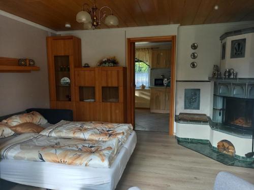 una camera con letto e camino di Nette Wohnung in Zescha mit Garten und Terrasse a Neschwitz