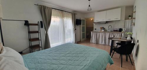 Eleonora's apartment في أولبيا: غرفة نوم بسرير وطاولة ومطبخ