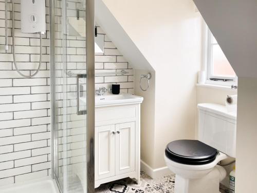 a bathroom with a toilet and a glass shower at Honey Bee Cottage in Calbourne