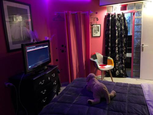 Tilly-sur-SeullesにあるChambre chez l habitantのベッドルーム(テレビ付)とベッド1台(詰め物付)