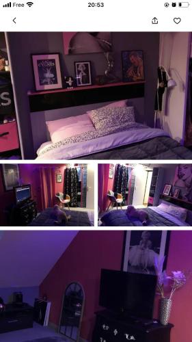 Tilly-sur-SeullesにあるChambre chez l habitantの紫色のベッドルーム1室(ベッド1台付)の写真2枚