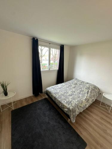 a bedroom with a bed and a window and a rug at Bulle de bonheur ! Appartement avec deux chambres in Colombes