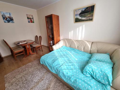 a living room with a couch with a blue blanket at Apartament 2-pokojowy Gdynia - Trójmiasto in Gdynia