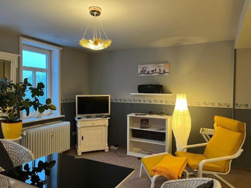 een woonkamer met een tv en een gele stoel bij Ferienwohnung in Bad Sachsa mit Grill, Terrasse und Garten in Bad Sachsa