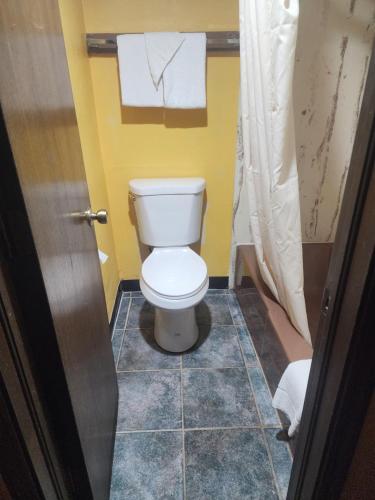 łazienka z toaletą i żółtą ścianą w obiekcie Carthage Inn w mieście Carthage