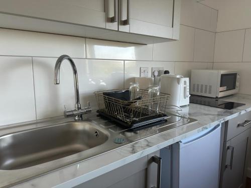 a kitchen counter with a sink and a dish drying rack at Springbank Studio in Fareham