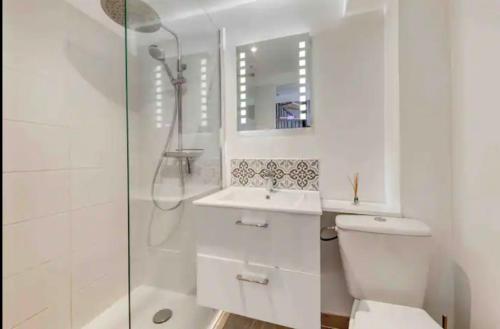 ein Bad mit einem WC, einem Waschbecken und einer Dusche in der Unterkunft Maison avec jardin clos et privatif proche de Disneyland et parc des félins in Saint-Augustin