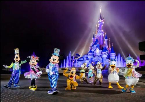 a group of mascots in front of a disney castle at Maison avec jardin clos et privatif proche de Disneyland et parc des félins in Saint-Augustin