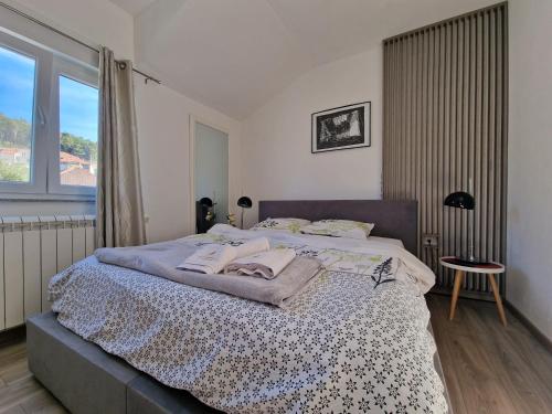 1 dormitorio con cama y ventana grande en Studio apartmani Milović, en Trebinje