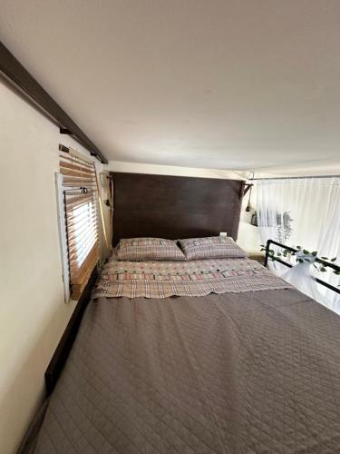 a large bed in a room with a window at Αfrodite! Roof top studio--Wonderful city view in Athens