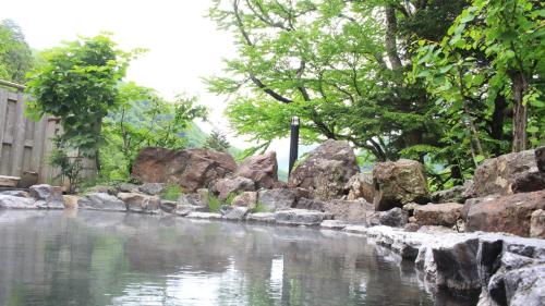 une masse d'eau avec des rochers et des arbres dans l'établissement Nakanoyu Onsen Ryokan - Vacation STAY 18829v, à Matsumoto