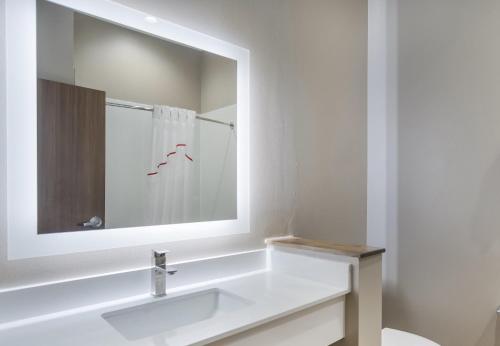 Baño blanco con lavabo y espejo en Red Roof Inn Lancaster, TX, en Lancaster