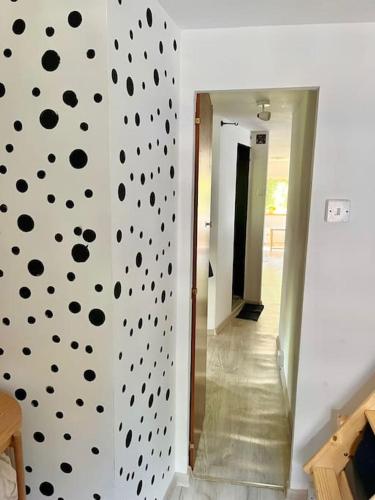 a hallway with a white wall with black polka dots at Podzamcze 6 Zaścianek pod gwiazdami in Korczyna
