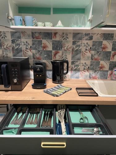 une armoire de cuisine avec un tiroir rempli d'ustensiles dans l'établissement Jana holiday, à Arcueil