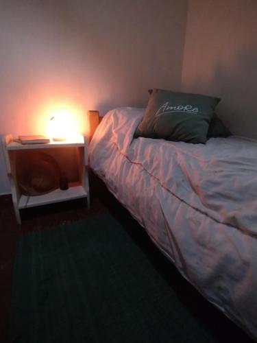 1 dormitorio con 1 cama y mesita de noche con lámpara en Hogar cerca del aeropuerto en Ushuaia