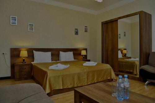 Pokój hotelowy z łóżkiem i lustrem w obiekcie Dreamsky hotel w mieście Tbilisi City